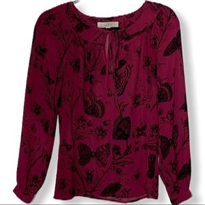 Loft Butterfly Print Pink Long Sleeve Blouse
